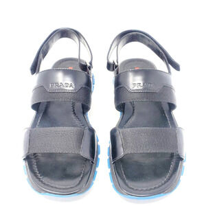 Prada LOGO Sandals Platform Black Leather Blue Rubber Sole Dad‎ Sandals EU 39